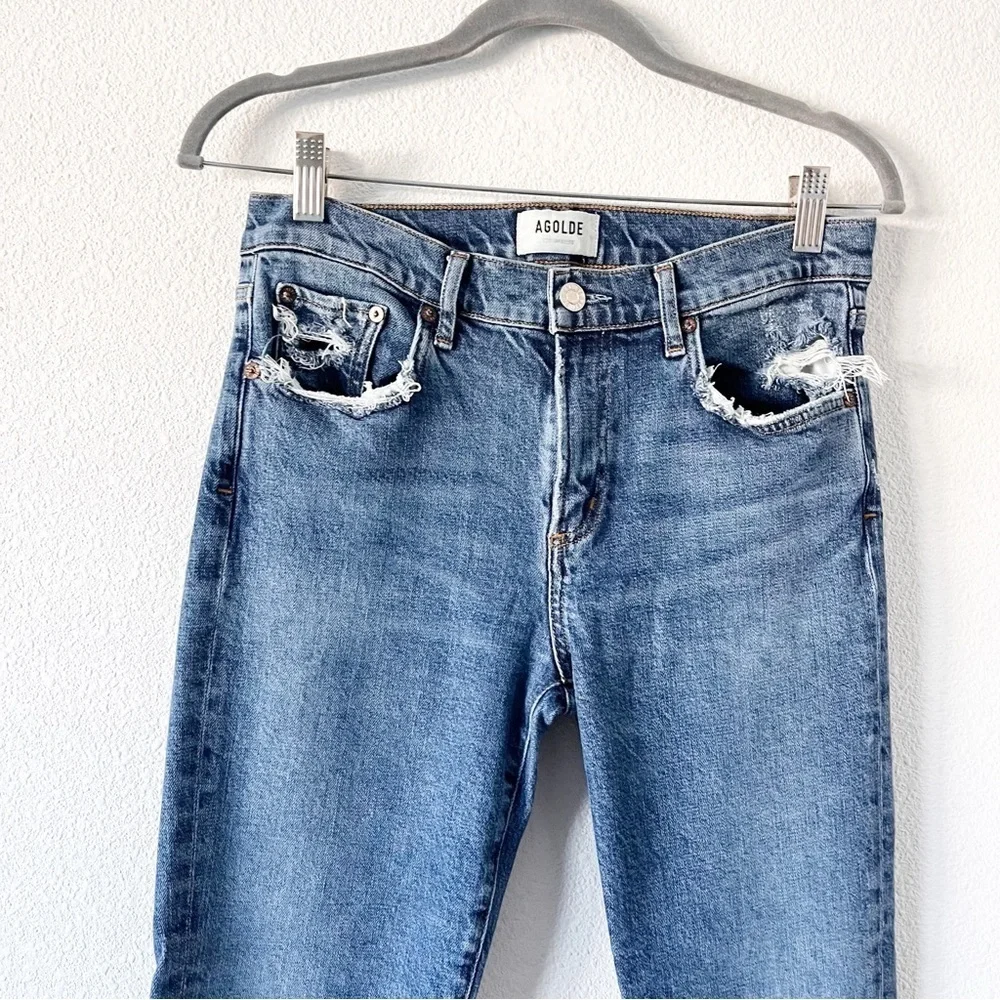 AGOLDE Toni Mid Rise Straight Leg Jeans Viewpoint Wash Distressed Denim - Picture 3 of 8